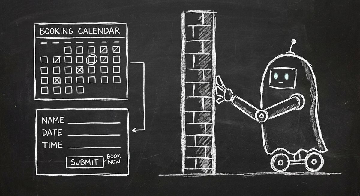 Chalkboard sketch showing an AI agent blocked by a wall while trying to access a traditional online booking form