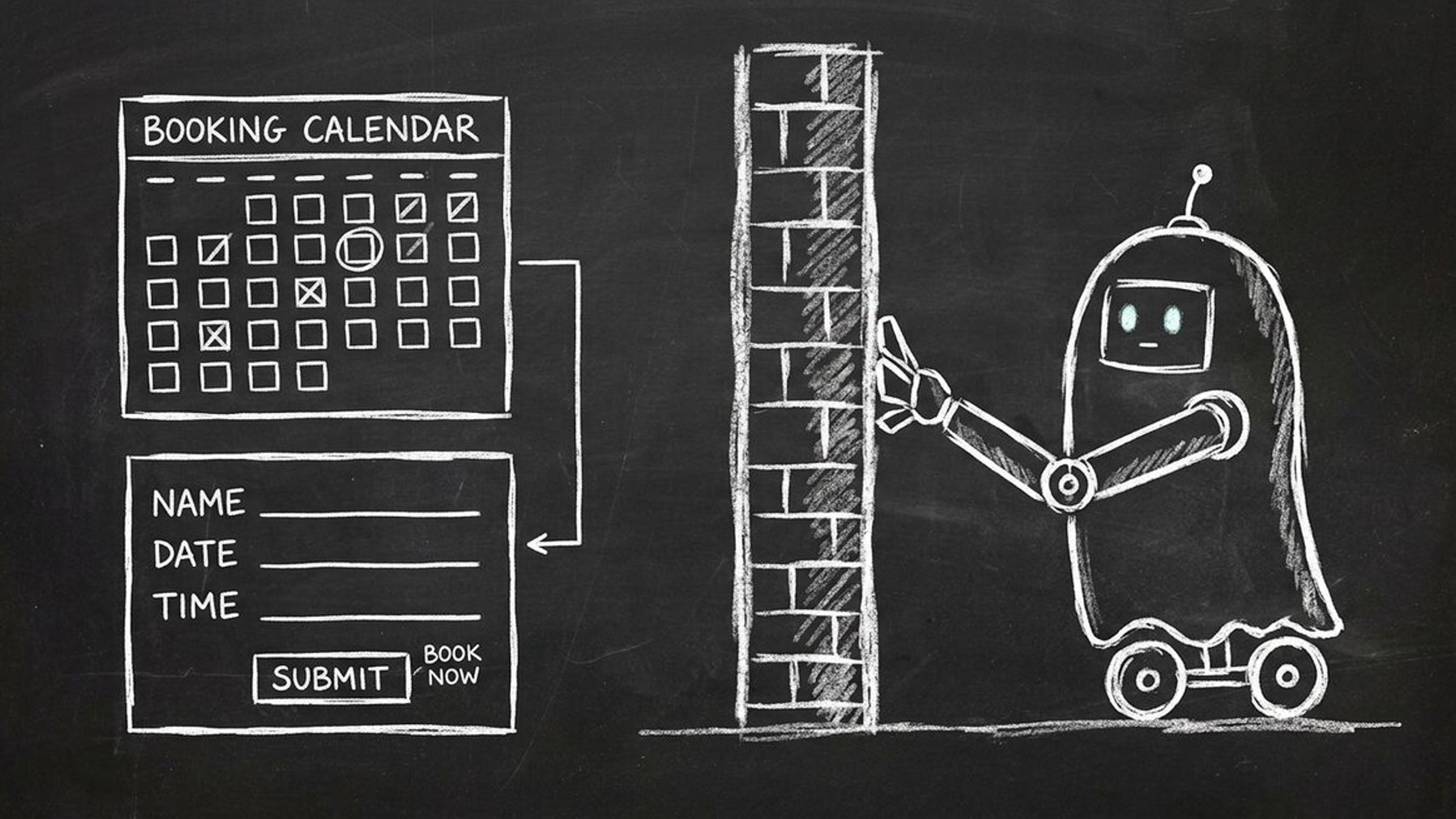 Chalkboard sketch showing an AI agent blocked by a wall while trying to access a traditional online booking form