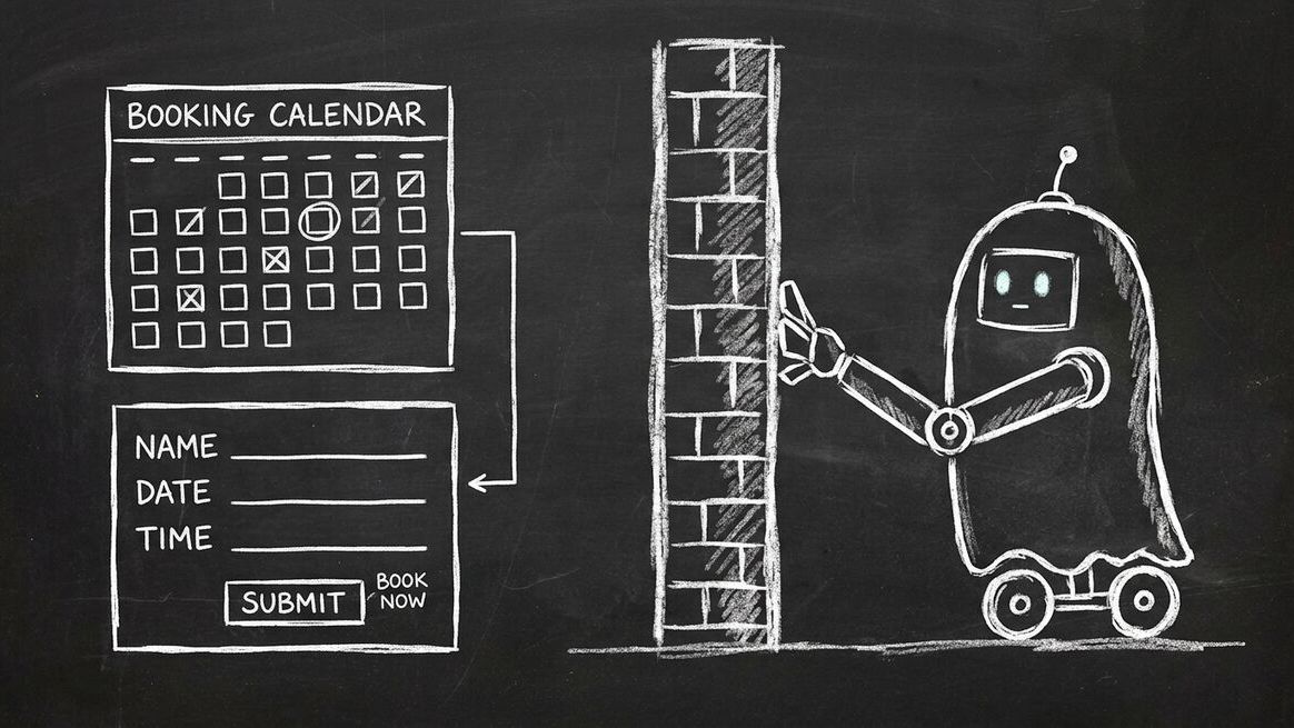 Chalkboard sketch showing an AI agent blocked by a wall while trying to access a traditional online booking form