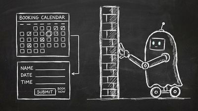 Chalkboard sketch showing an AI agent blocked by a wall while trying to access a traditional online booking form