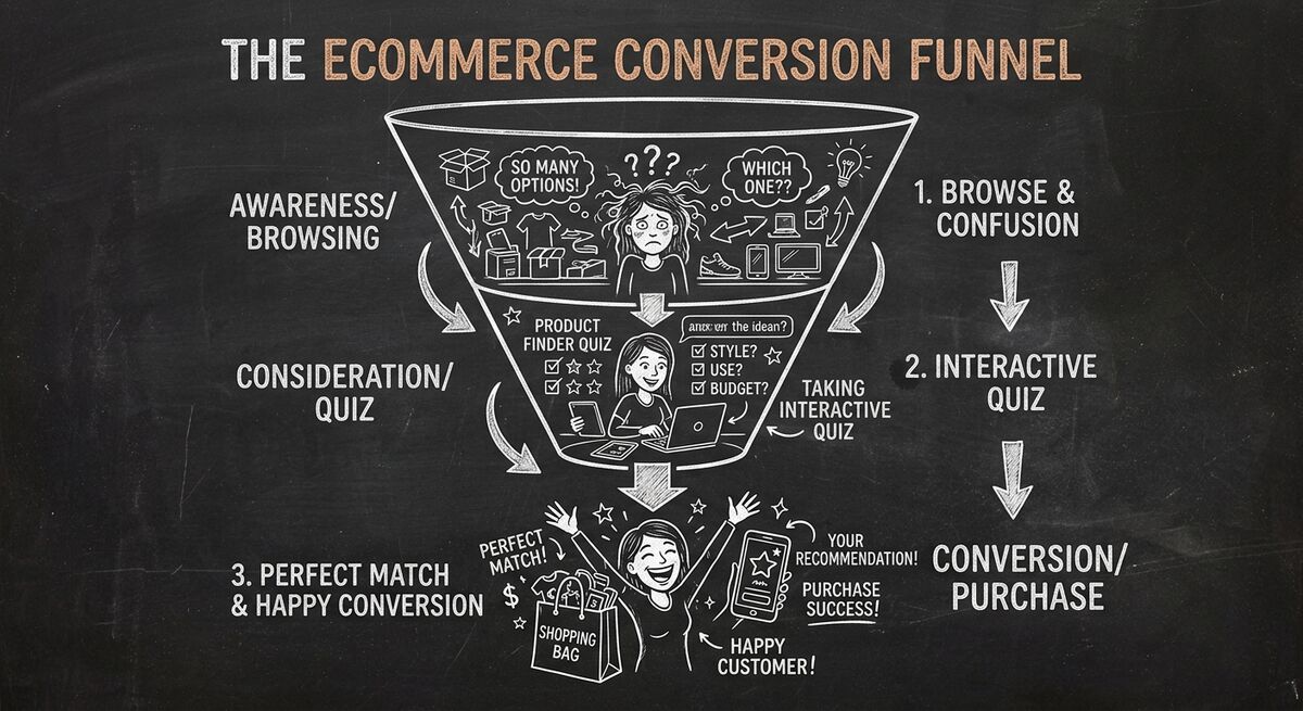 Ecommerce conversion funnel showing product quiz journey from browsing confusion to perfect match