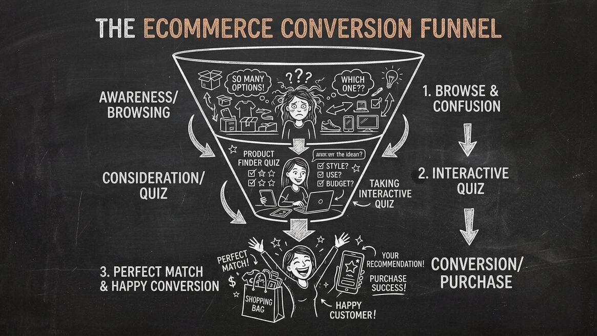 Ecommerce conversion funnel showing product quiz journey from browsing confusion to perfect match