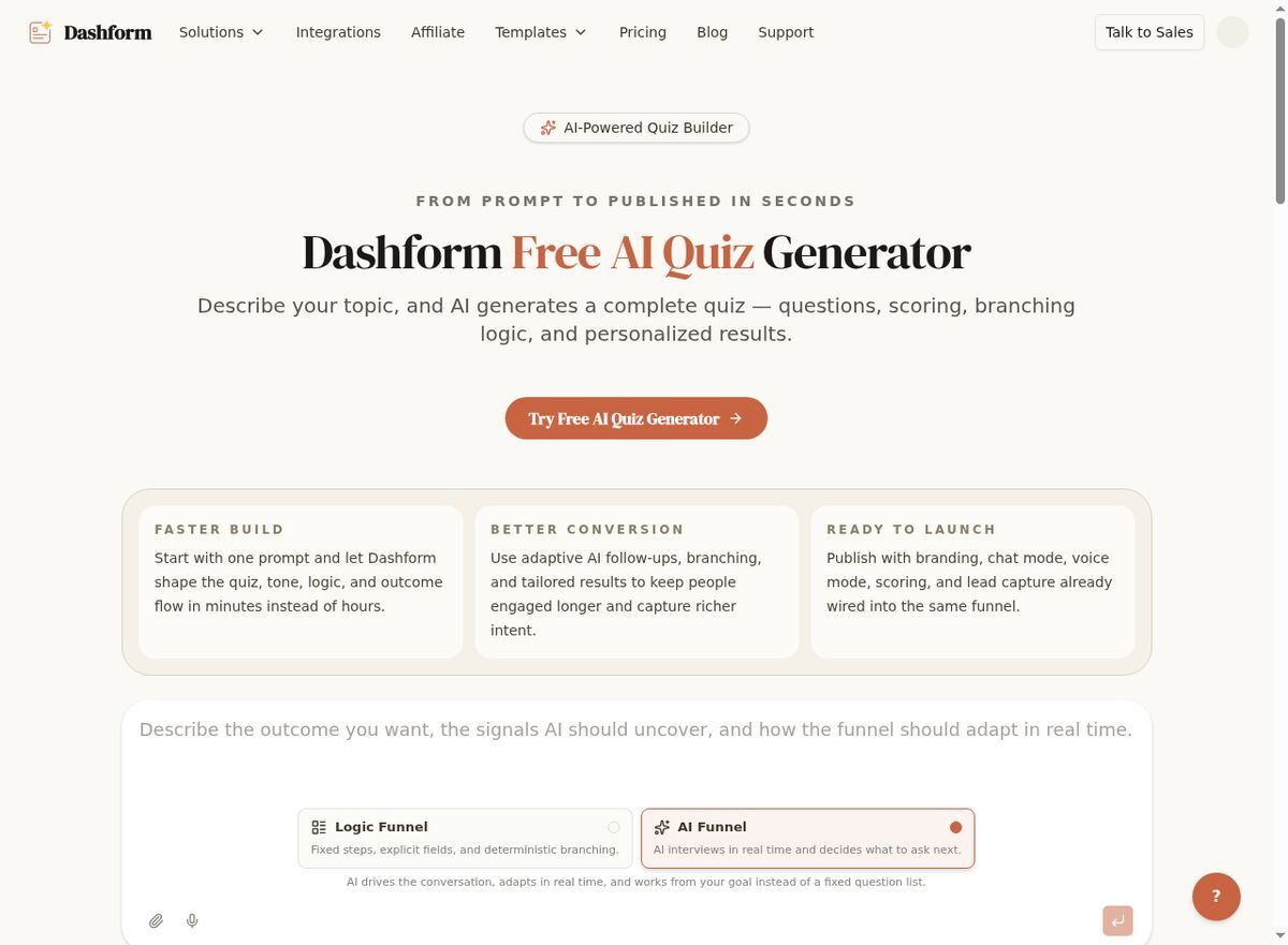 Dashform AI Quiz Generator interface used by Sterling & Associates to create their personal injury case evaluation quiz