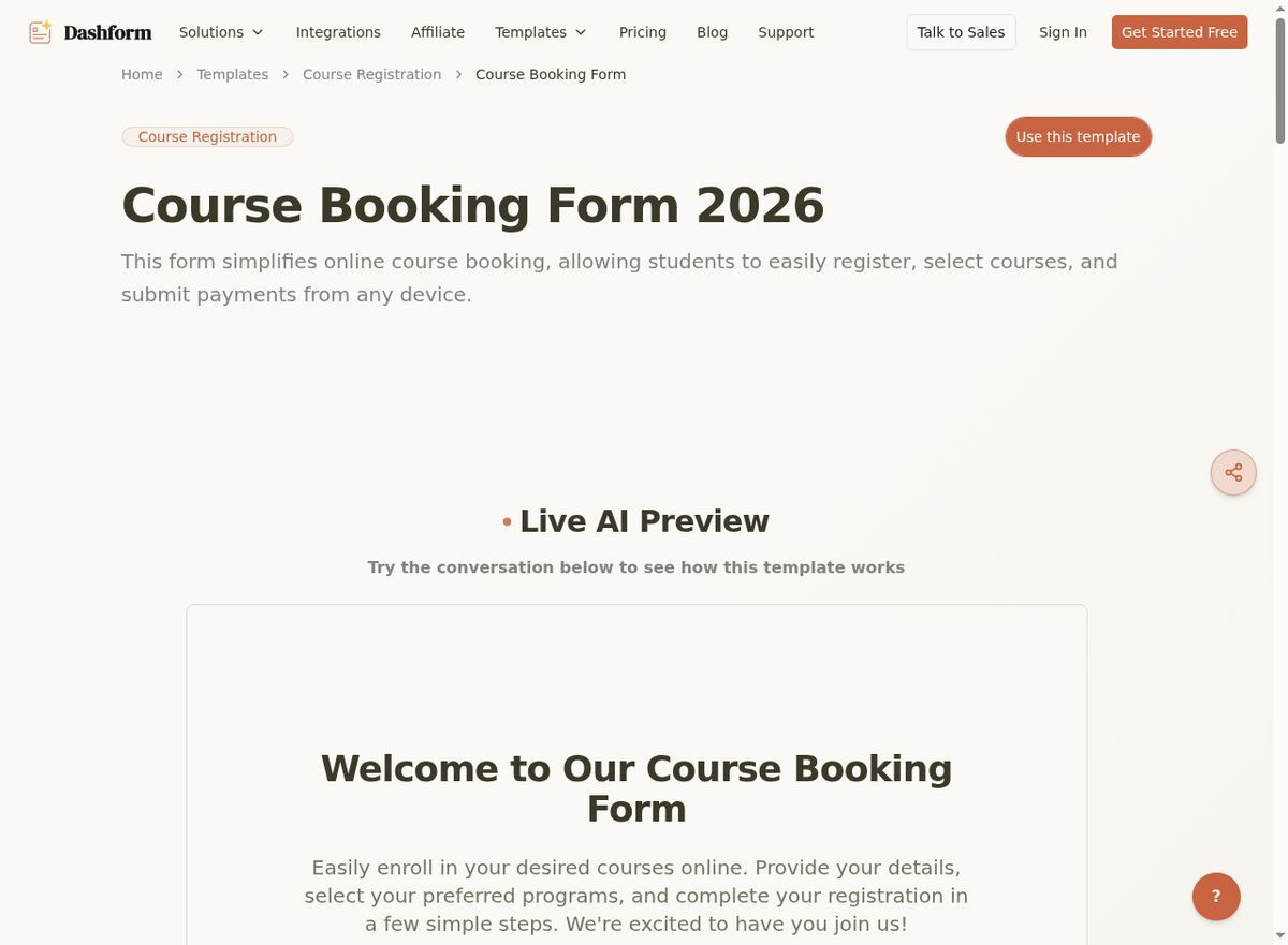 Dashform Session Booking Form template page screenshot
