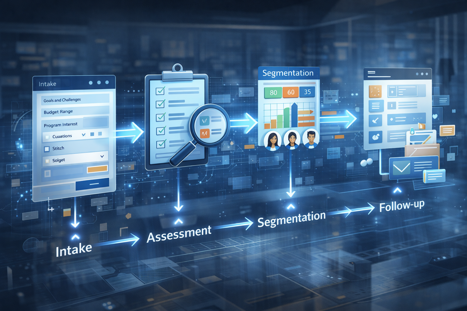 Illustration of a modern coaching qualification system with intake, assessment, and automated follow-up