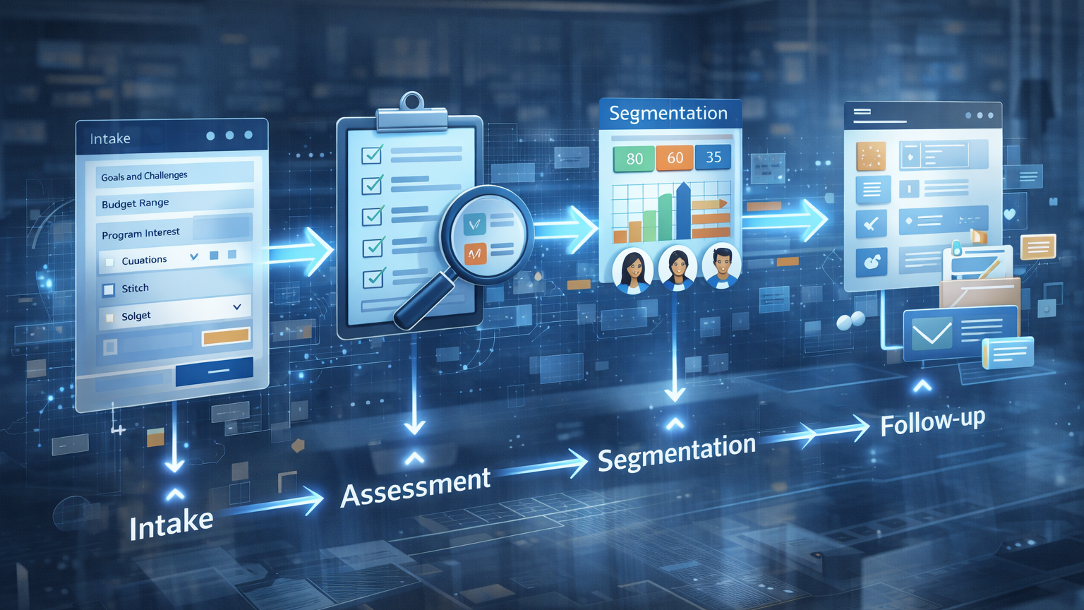 Illustration of a modern coaching qualification system with intake, assessment, and automated follow-up