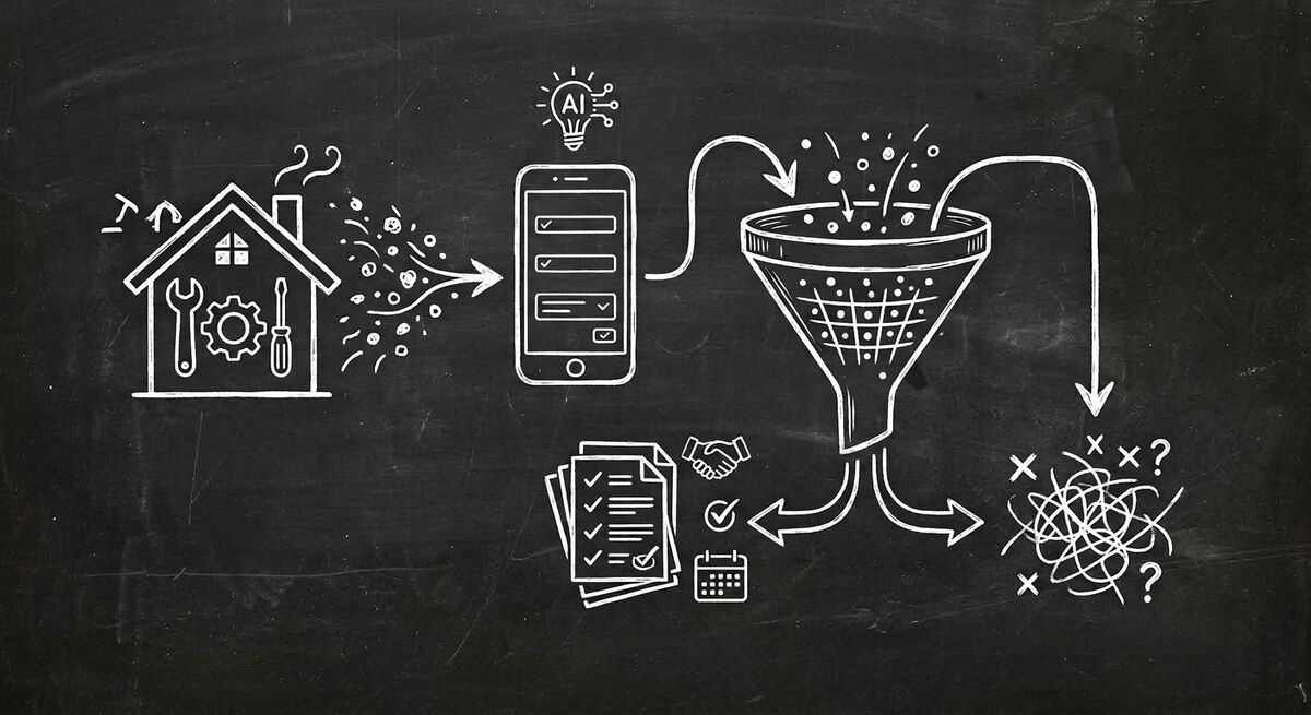 Chalkboard sketch illustration of home services lead qualification with AI forms showing house with tools connected to lead funnel