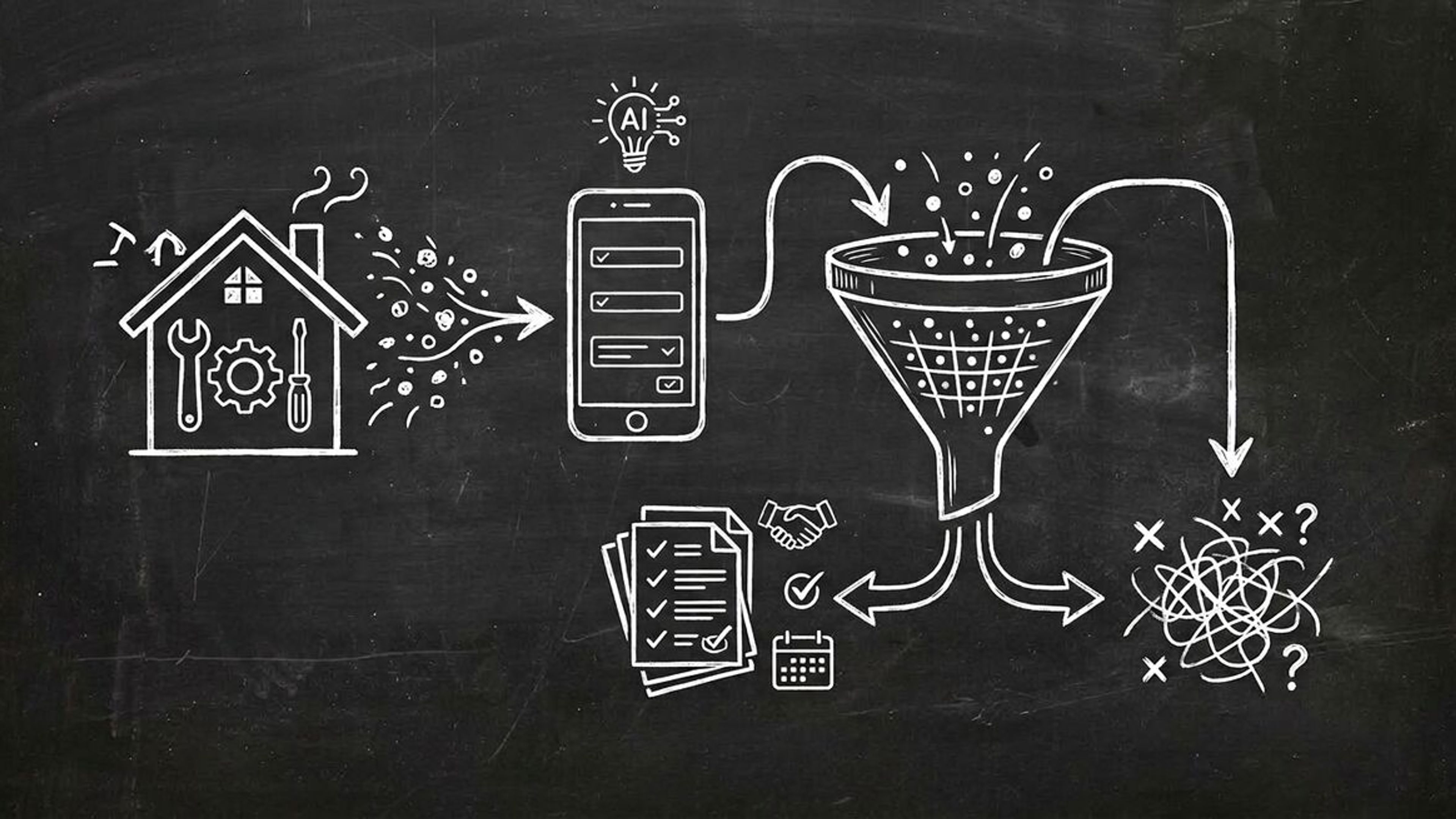 Chalkboard sketch illustration of home services lead qualification with AI forms showing house with tools connected to lead funnel