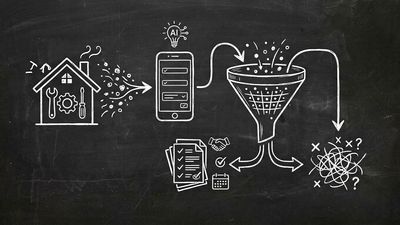 Chalkboard sketch illustration of home services lead qualification with AI forms showing house with tools connected to lead funnel