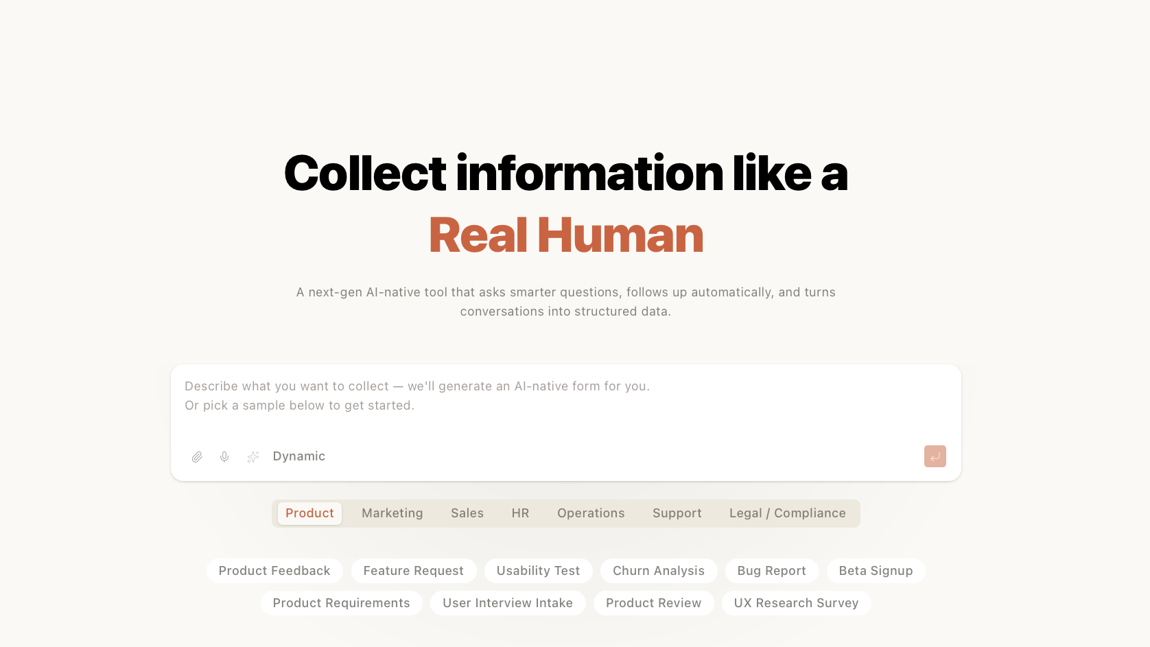 Dashform AI dashboard showing A next-gen AI-native tool that asks smarter questions, follows up automatically, and turns conversations into structured data.