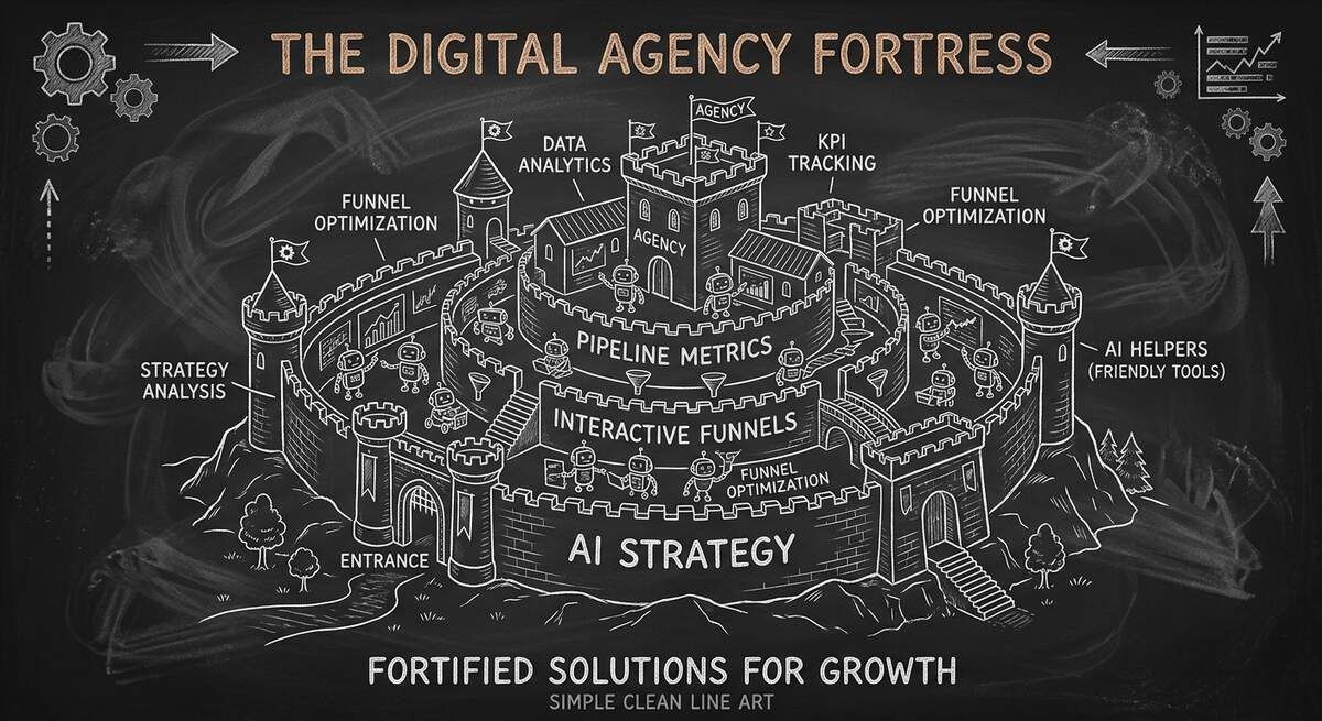 Future-proof agency as a fortified castle with AI Strategy, Interactive Funnels, and Pipeline Metrics