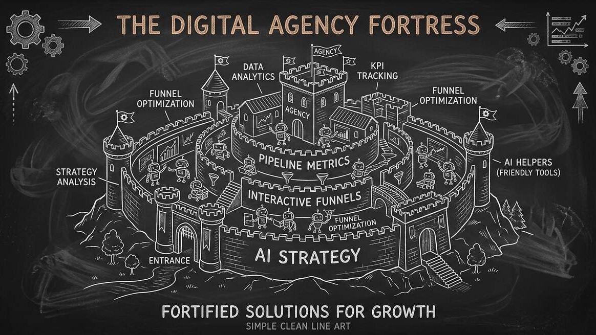 Future-proof agency as a fortified castle with AI Strategy, Interactive Funnels, and Pipeline Metrics