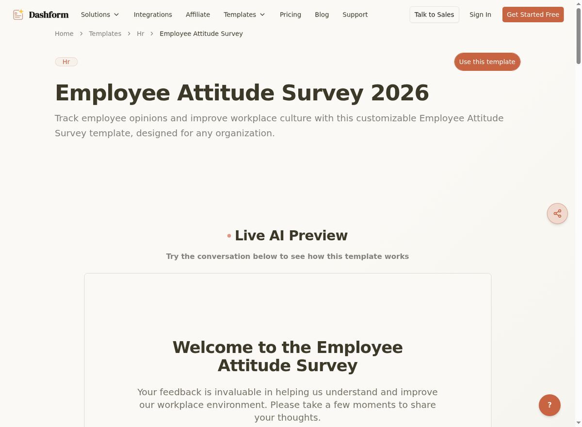 Dashform Employee Attitude Survey template page screenshot