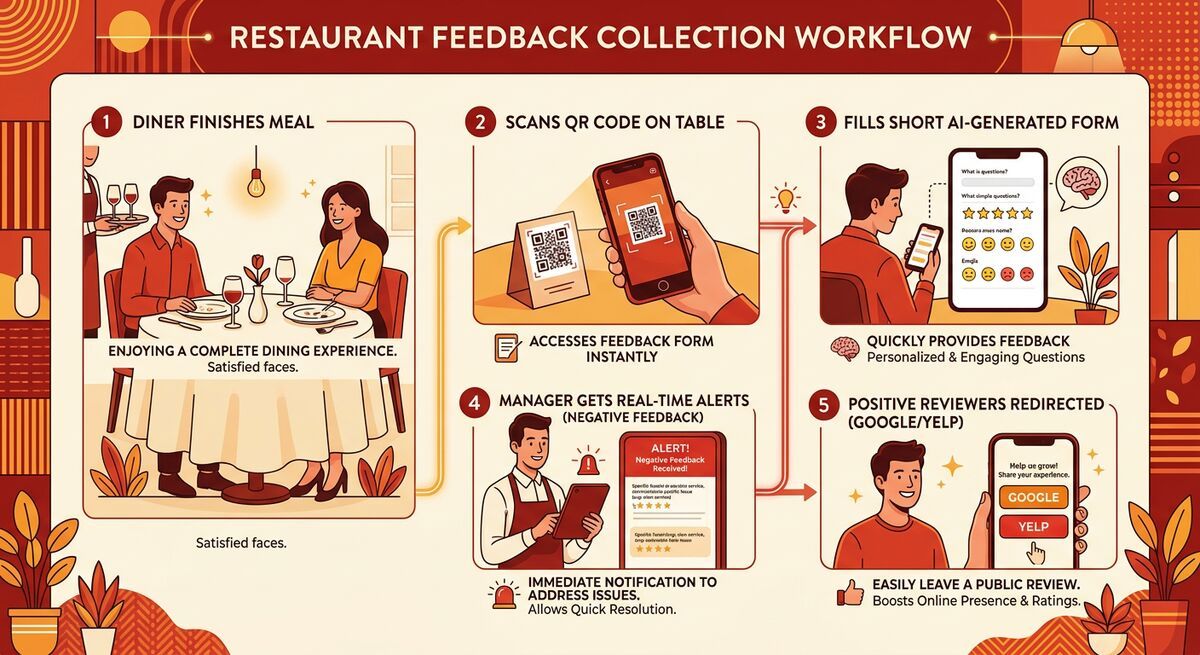 Restaurant feedback workflow showing QR code scan, AI-powered form, manager alerts, and Google review routing