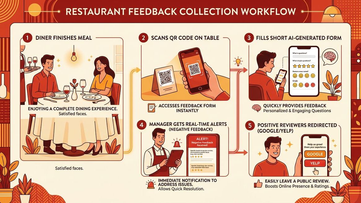 Restaurant feedback workflow showing QR code scan, AI-powered form, manager alerts, and Google review routing
