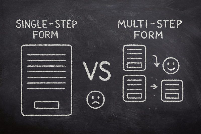 Chalkboard illustration comparing single-step forms vs multi-step forms showing conversion differences
