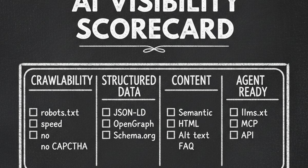 AI visibility quick-check scorecard with categories and pass/fail items