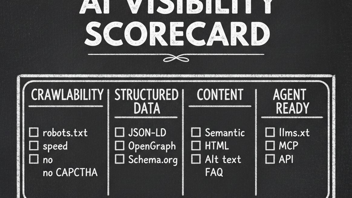 AI visibility quick-check scorecard with categories and pass/fail items