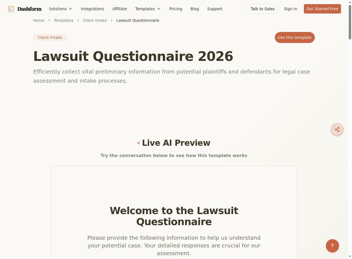 Dashform Case Evaluation Questionnaire template page screenshot