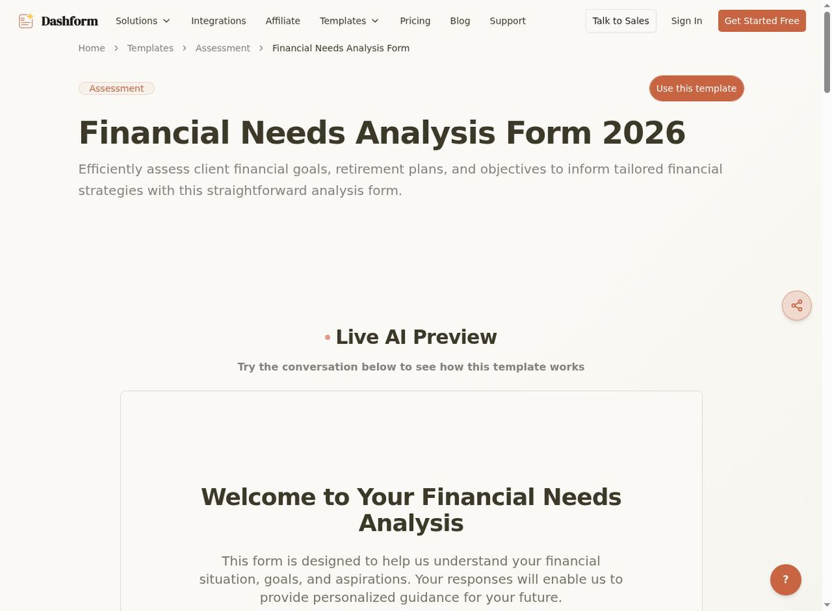 Dashform Financial Needs Analysis Form template page screenshot