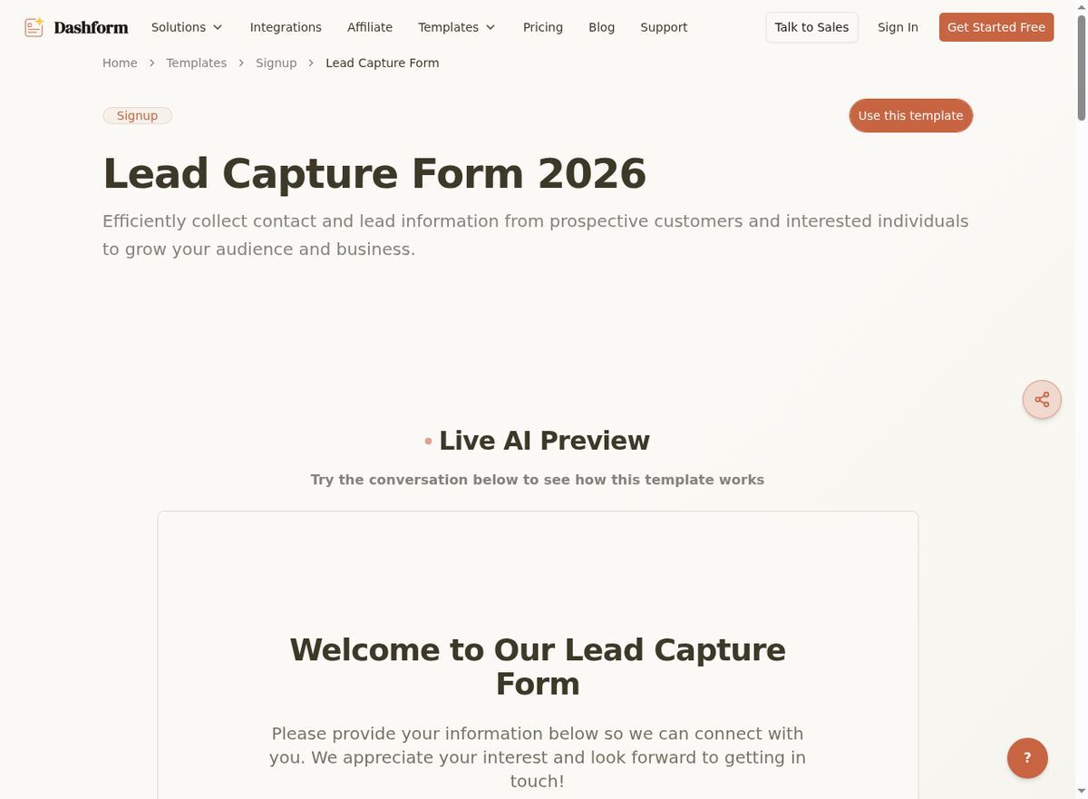 Dashform Lead Capture Form template page screenshot