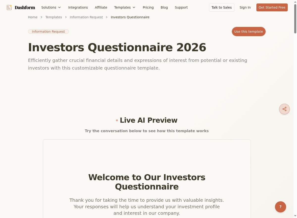 Dashform Investors Questionnaire template page screenshot