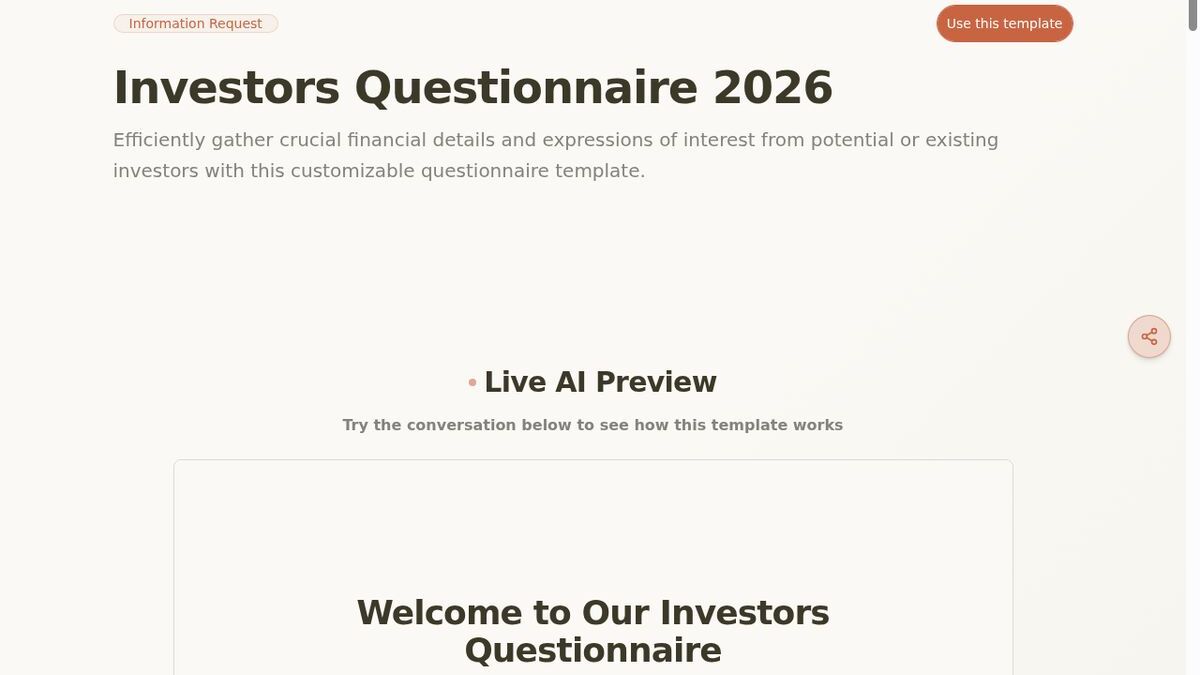 Dashform Investors Questionnaire template page screenshot