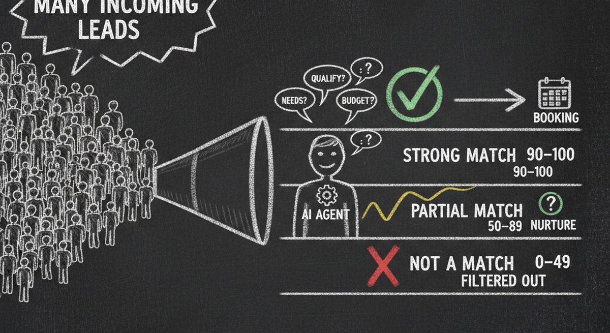 Chalkboard illustration showing AI lead qualification funnel with scoring tiers: strong match, partial match, and not a match