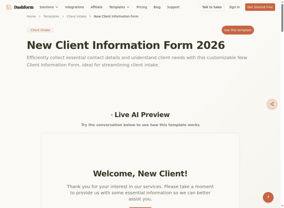 Dashform New Client Information Form template page screenshot