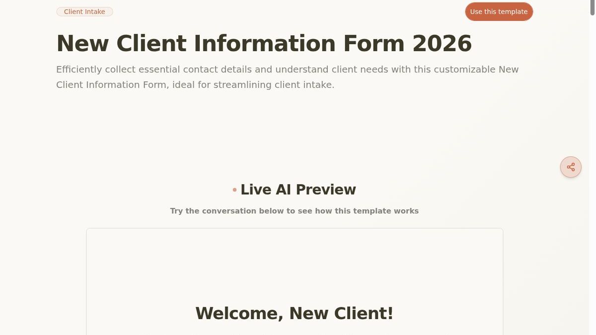 Dashform New Client Information Form template page screenshot