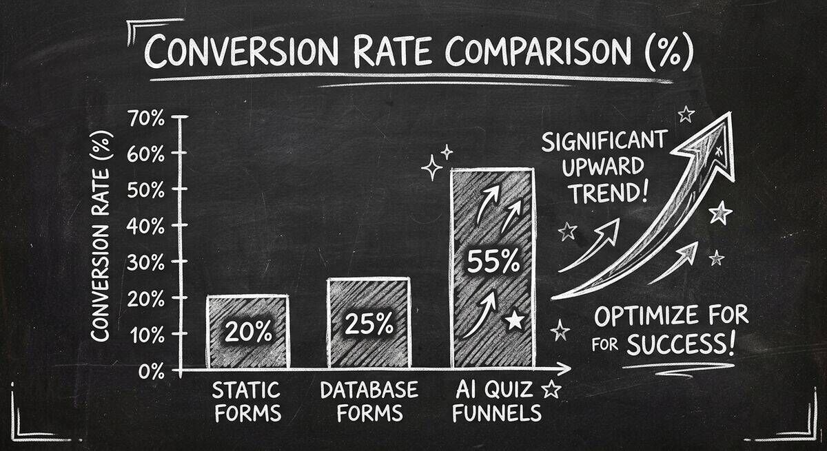 Bar chart comparing conversion rates between static forms, database forms, and AI quiz funnels