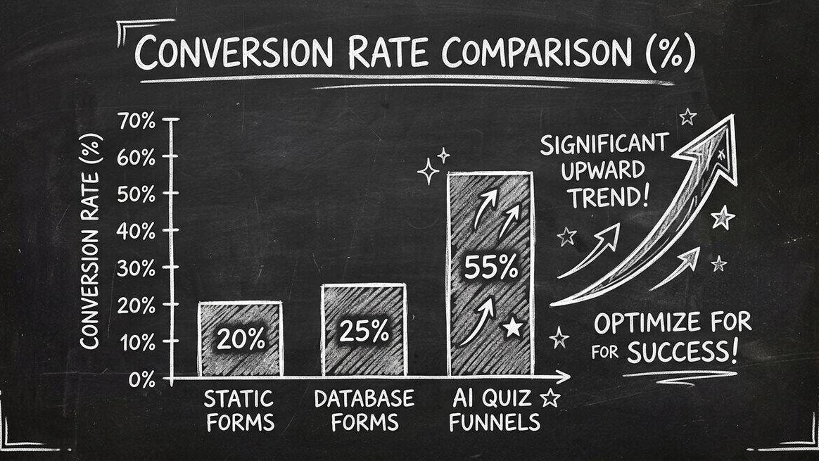 Bar chart comparing conversion rates between static forms, database forms, and AI quiz funnels