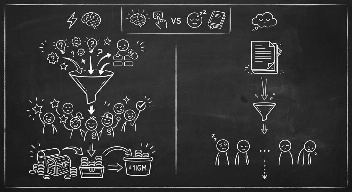 Chalkboard sketch comparing a quiz funnel with high conversion versus a static PDF with low conversion
