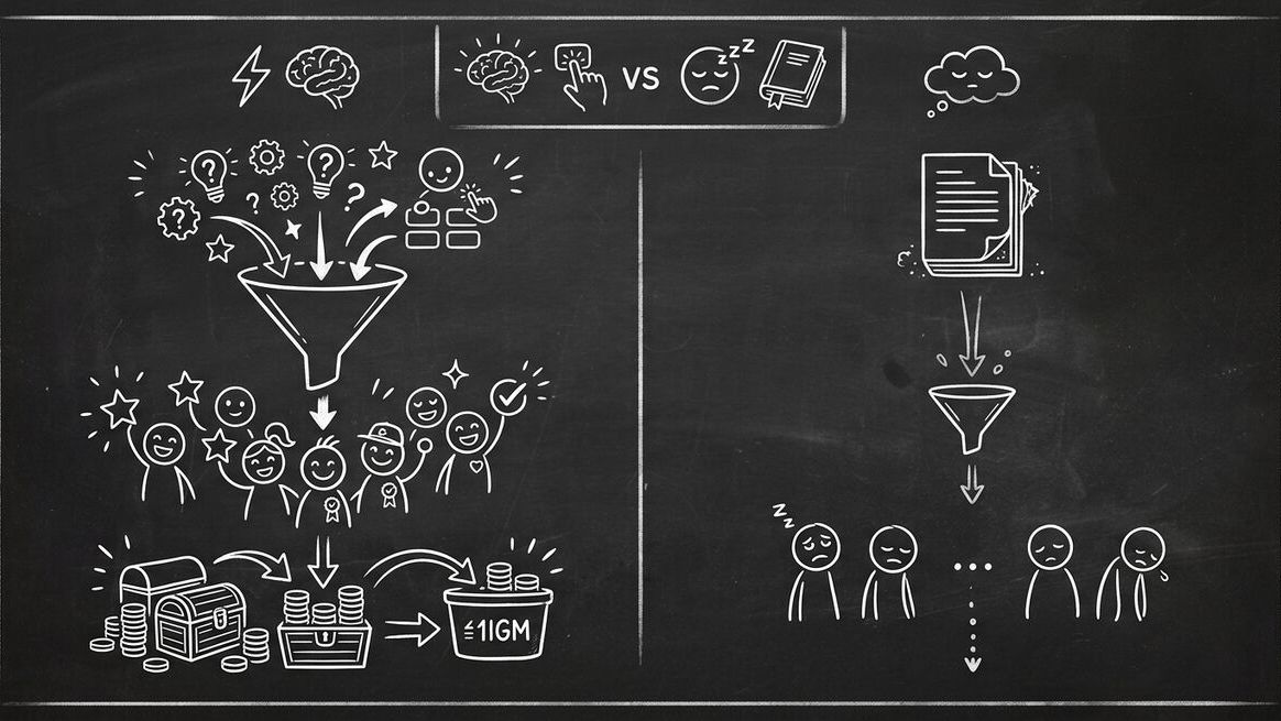 Chalkboard sketch comparing a quiz funnel with high conversion versus a static PDF with low conversion