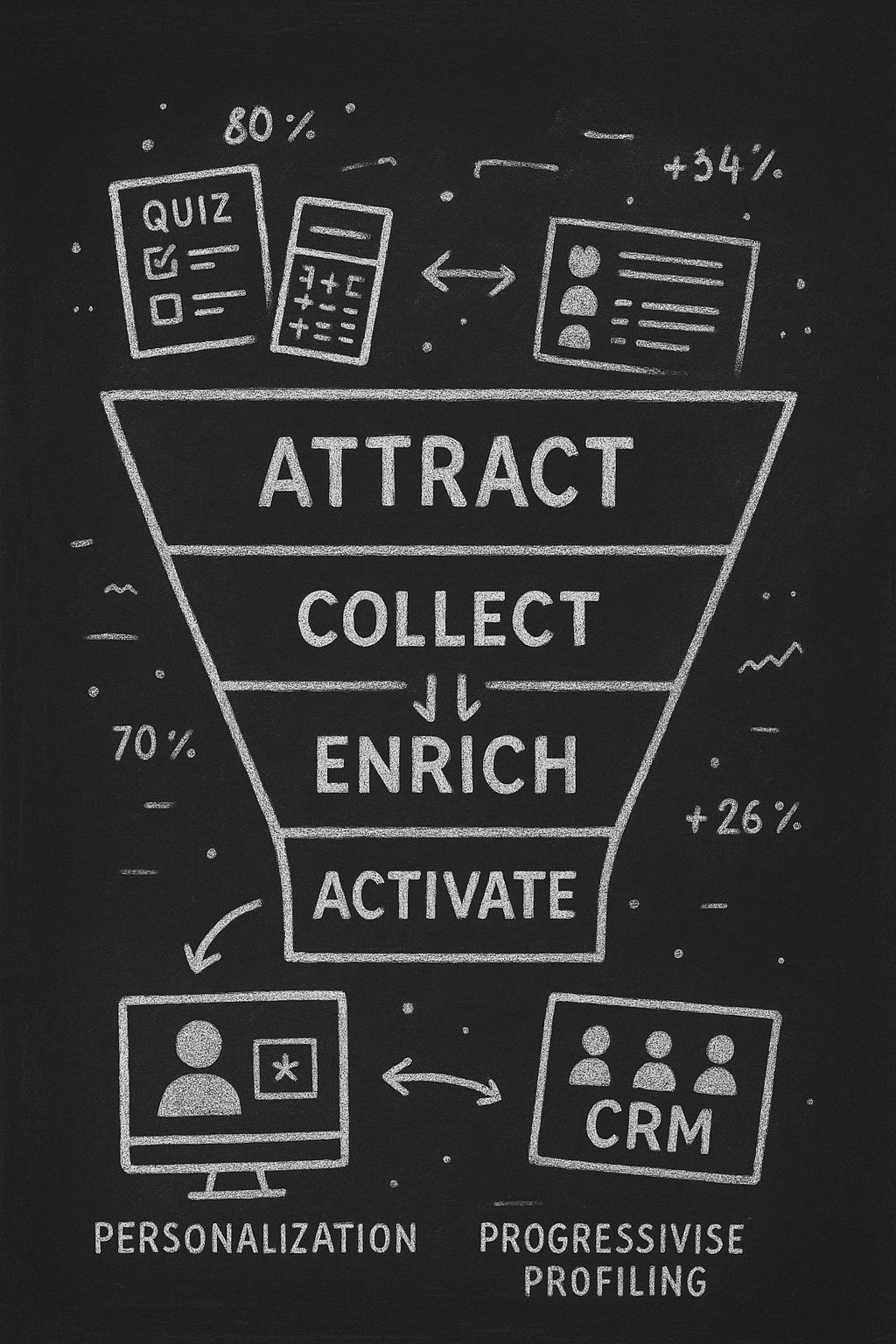 Zero-party data collection funnel showing four stages: attract, collect, enrich, and activate