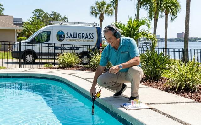 sawgrass leak detection inspecting a pool.