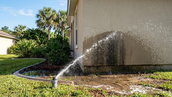 A clean photo of a Florida home corner where a broken sprinkler head sprays water onto the stucco siding and slab base. 