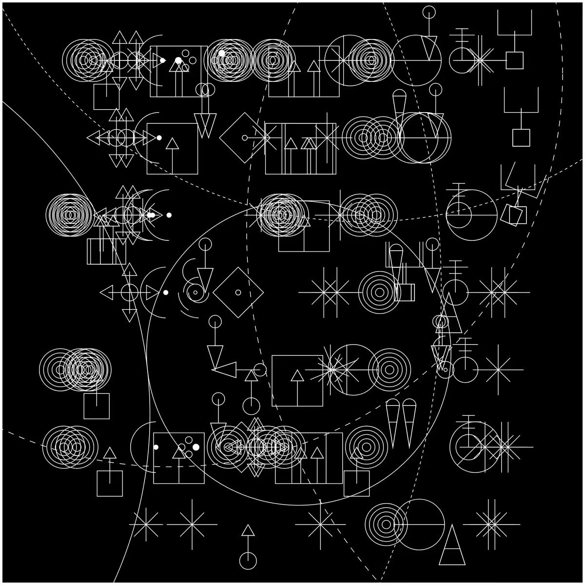Crypt #36: Opening composition: rows of geometric glyphs crossed by sweeping arcs.