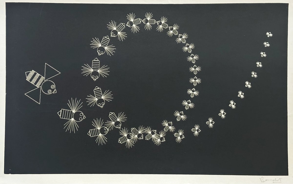 Luis Fernando Benedit, Untitled (Flight of a Bee), 1969: white computer-drawn bees shrink in scale along a looping flight path across a dark field.