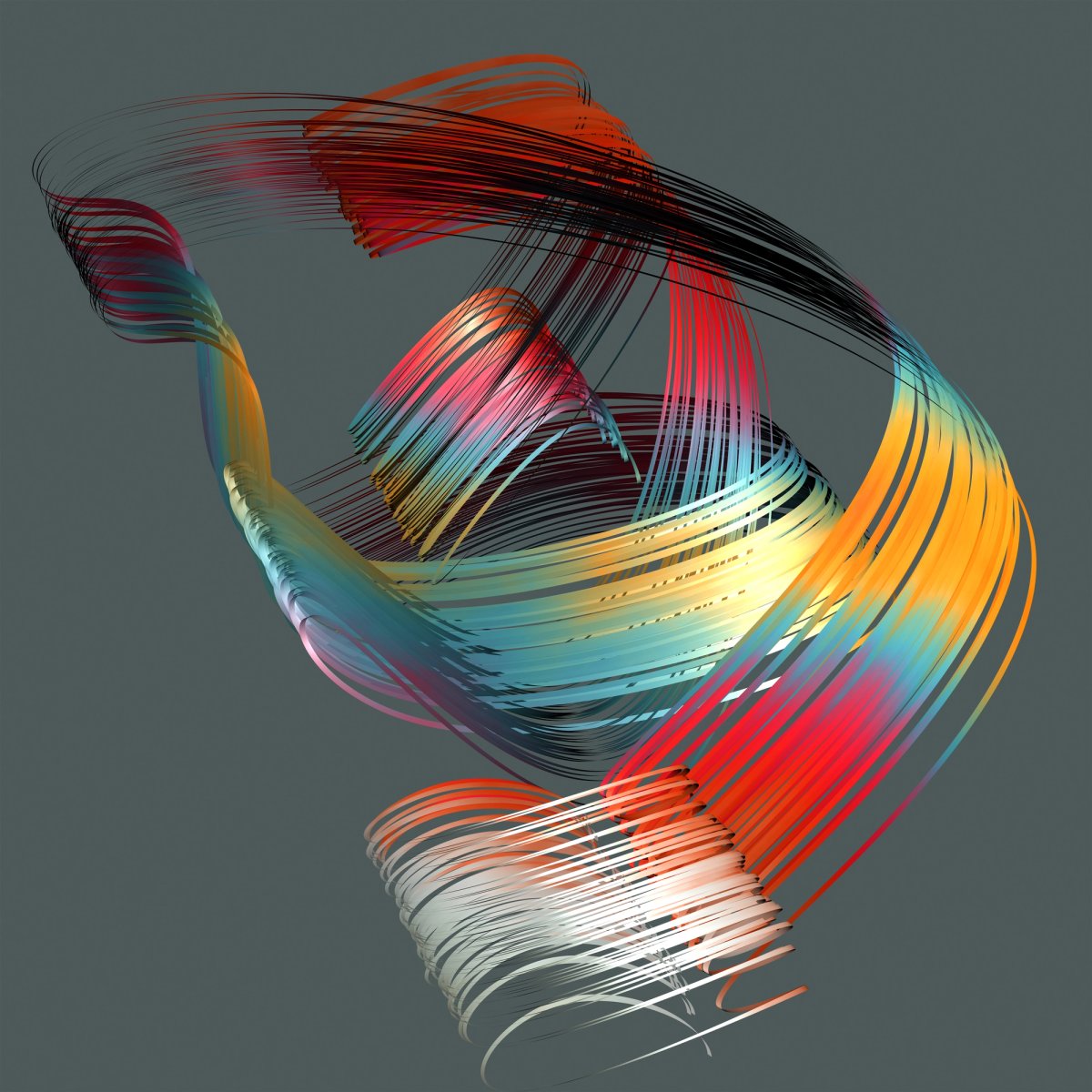 Charles Csuri, 6Korder34_0094SQ (Ordo, 2017): looping cyan, gold, coral-red, white and black ribbons form a suspended, open-centered volume on a gray-green square background.