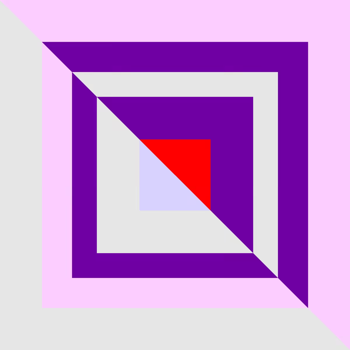 Nested square bands in violet, pale pink, light gray and lavender, divided diagonally around a red triangular center.