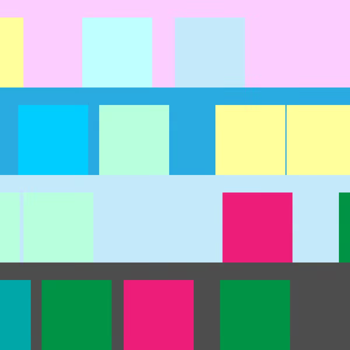 Four horizontal bands in pink, blue, pale blue and charcoal, with rows of brightly colored upright rectangles.