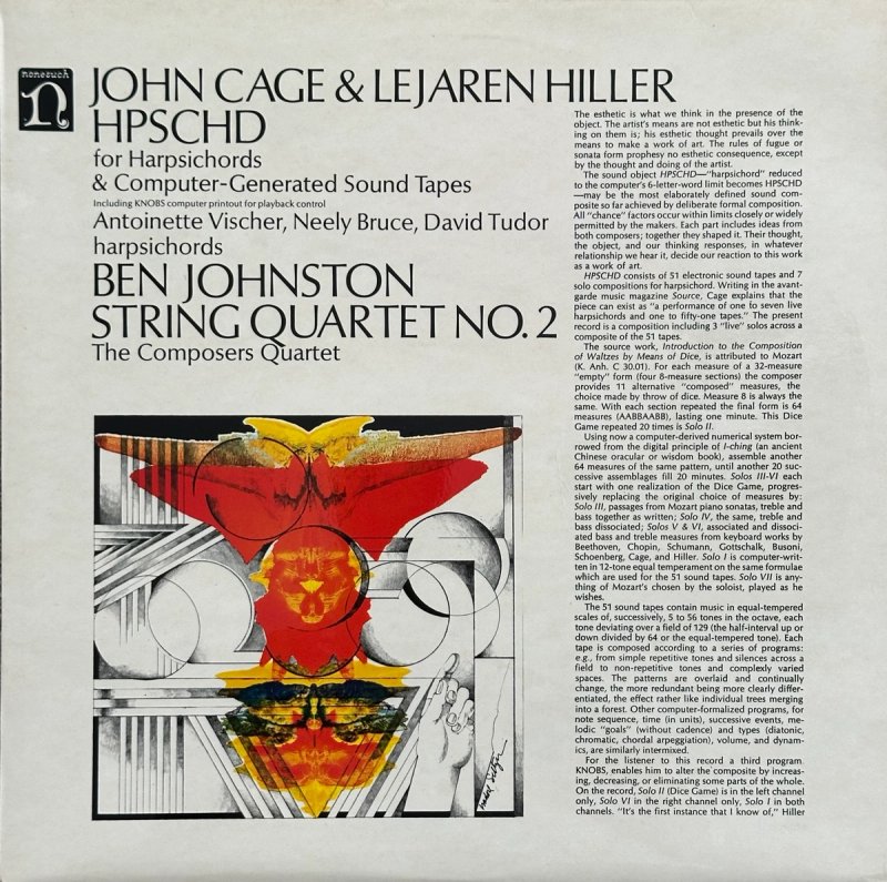 Front sleeve of John Cage and Lejaren Hiller’s HPSCHD / Ben Johnston’s String Quartet No. 2 (Nonesuch, 1969), with bold black typography and a red, yellow and gray collage.