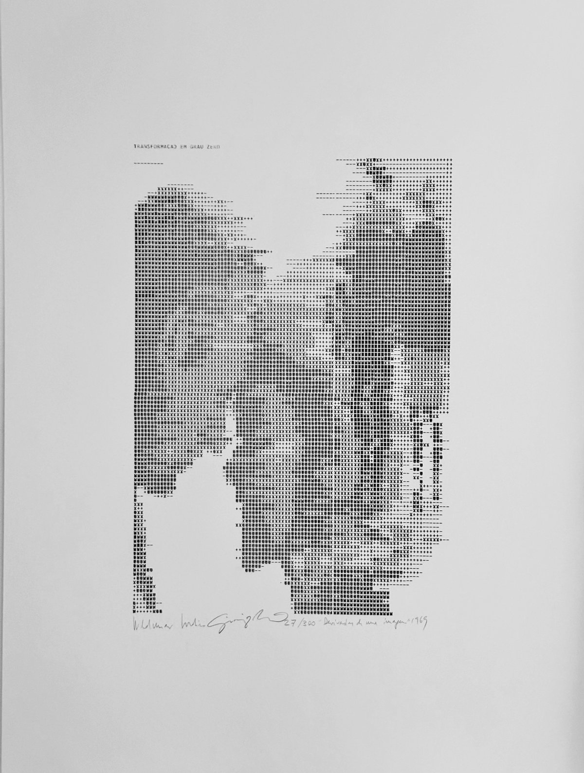 Waldemar Cordeiro and Giorgio Moscati, Derivadas de uma imagem: Transformação em Grau 0 (1969): line-printer characters form a grainy portrait of a young couple, signed and numbered below.