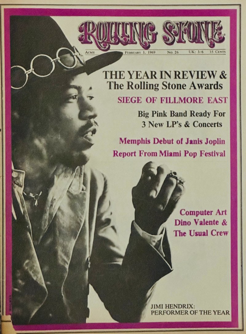 Rolling Stone, no. 26, February 1, 1969: Jimi Hendrix smoking on a magenta-bordered cover announcing Computer Art.