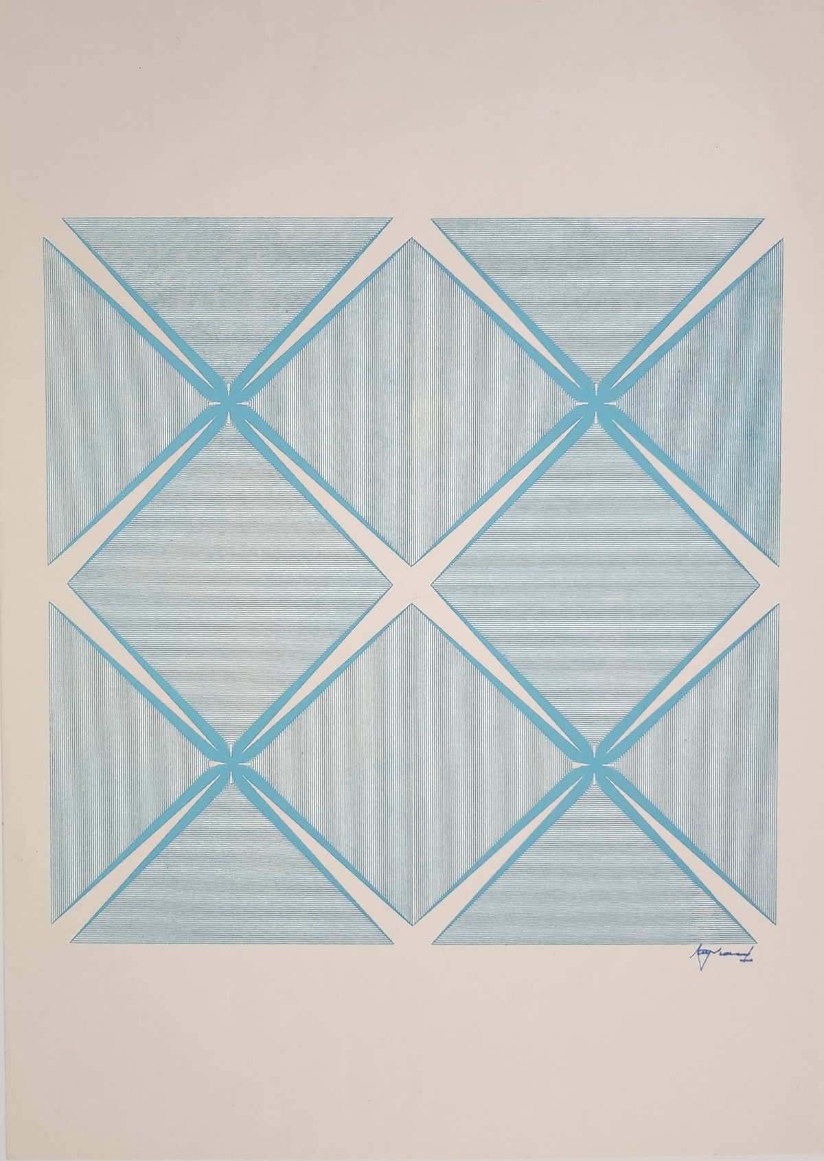 Miguel Ángel Vidal, Untitled (1969): four pale-blue fields of parallel lines converge at four points, separated by white diagonal channels.