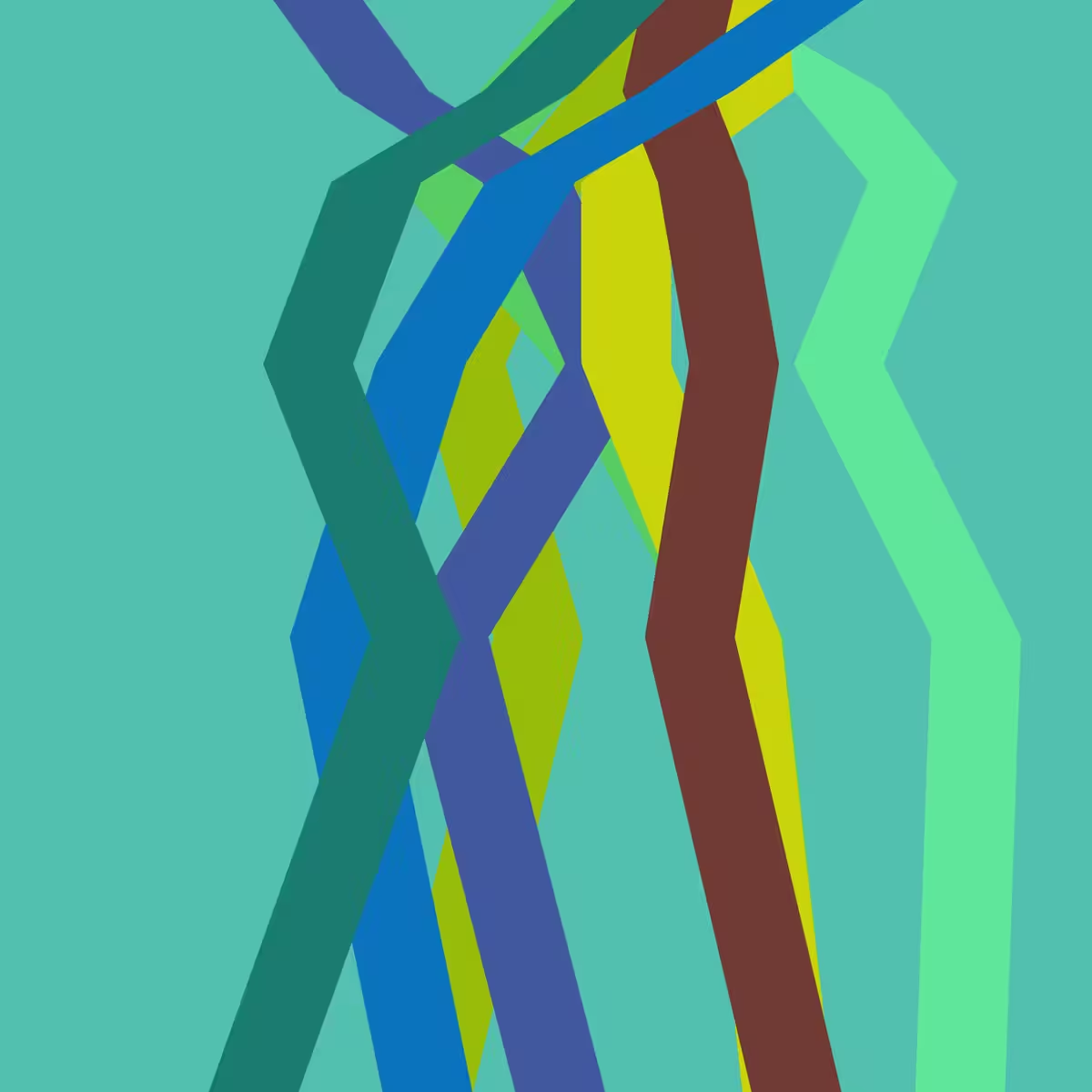 Fibo #227: angular bands of blue, violet, yellow-green, brown and green cross a turquoise square background.