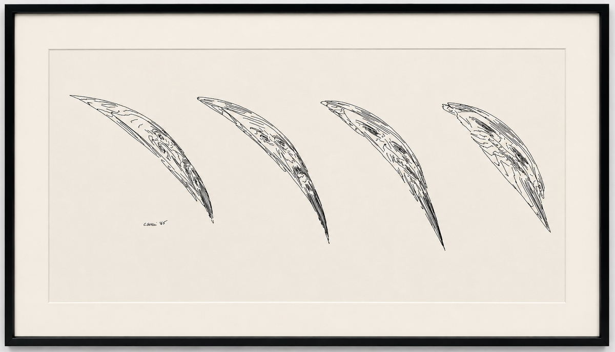 Charles Csuri, Four BSpline Men (1965): four elongated human forms built from layered, distorted black contour lines across white paper.