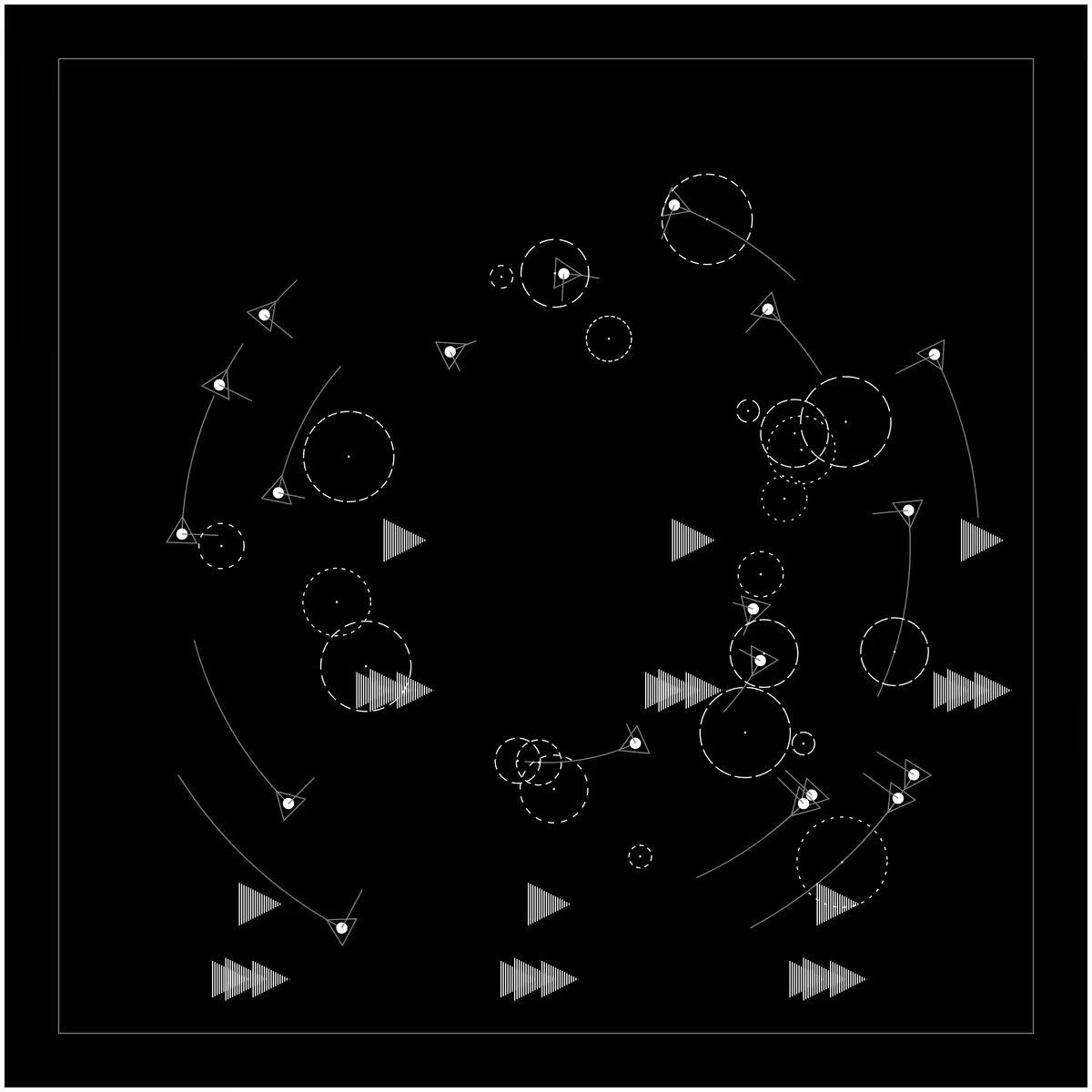 PRELUDES #20: Published preview of the complete score. Circles, arcs and striped wedges form a delicate white notation on black.