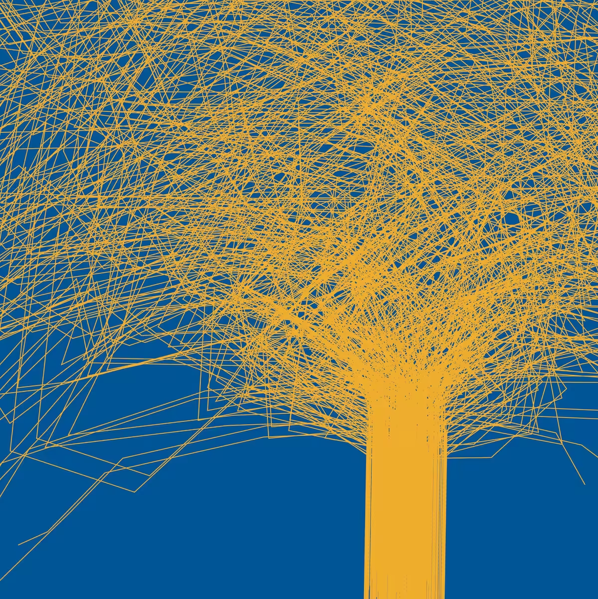 Yellow angular lines spread from a narrow trunk near the lower right of center into a dense canopy against a blue background.